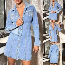 Fashion Tassel Stand Collar Slit Long Sleeve Front Button Old-washed Denim Dress