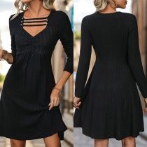 Fashion V-neck Front Cutout Long Sleeve Ribbed Mini Dress