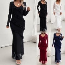 Fashion Ruffle V-neck Long Sleeve Bodycon Maxi Dress