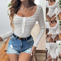 Fashion Stripe Printed Button Square Neck Long Sleeve Bodysuit
