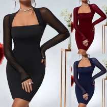 Fashion Square Neck Gauze Spliced Long Sleeve Bodycon Dress