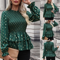 Fashion Printed Crew Neck Long Sleeve Smocked Ruffle Hemline Shirt