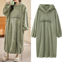 Comfy Long Sleeve Hooded Side Drawstring Plush Longline Pajamas Dress