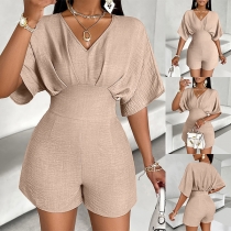 Fashion Ruched V-neck Short Sleeve High-rise Romper