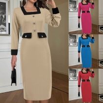 Fashion Contrast Color Square Neck Long Sleeve Suit Dress