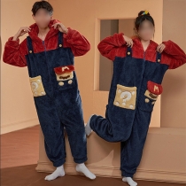 Cute Warm Contrast Color Front Zipper Plush Hooded Pajamas Jumpsuit
