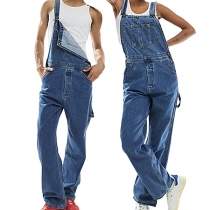 Fashion Front Patch Pockets Straight-cut Unisex Old-washed Denim Suspender Jumpsuit