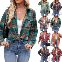 Fashion Contrast Color Plaid Stand Collar Long Sleeve Blouse