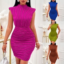 Fashion Mock Neck Cap Sleeve Stripe Printed Bodycon Dress