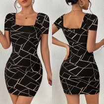Fashion Printed Square Neck Short Sleeve Bodycon Dress