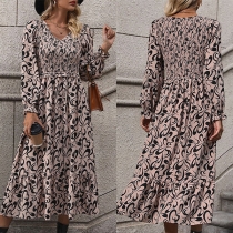 Fashion Floral Printed V-neck Long Sleeve High-rise Dress