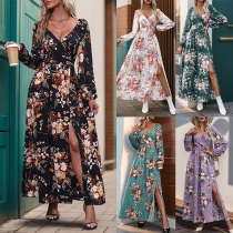 Fashion Floral Printed V-neck Long Sleeve Side Slit Maxi Dress