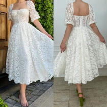 Elegant Sweetheart Neckline Short Sleeve Jacquard Lace Party Dress