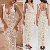 Sexy Plunge V-neck Sleeveless Backless 3D Floral Bodycon Dress