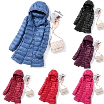 Fashion Solid Color Long Sleeve Hooded Quilted Thin Down Coat