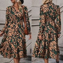 Fashion Leopard Printed V-neck Long Sleeve Tiered Dress