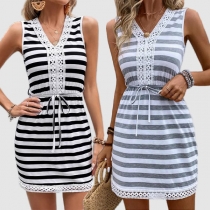 Fashion Stripe Printed Lace Spliced V-neck Sleeveless Drawstring Waist Bodycon Dress