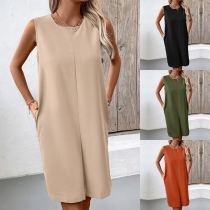 Casual Crew Neck Sleeveless Side Pockets Mini Dress