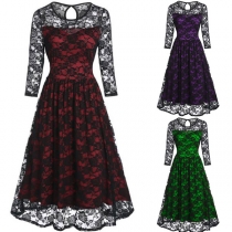 Elegant Contrast Color Crew Neck Long Sleeve Lace Dress