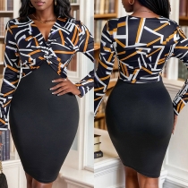 Fashion Contrast Color Geometric Printed Ruched V-neck Long Sleeve Bodycon Dress