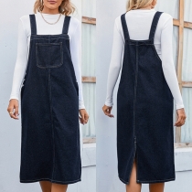 Fashion Front Patch Pockets Back Slit Denim Suspender Dress