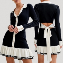 Fashion Contrast Color Stand Collar V-neck Long Sleeve Back Tie Bowknot Ruffle Hemline Dress