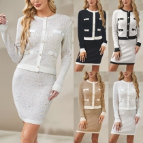 Fashion Colorful Dot Printed Knitted Two-piece Set Consist of Cardigan and Skirt