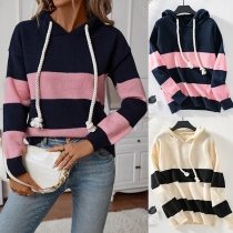 Fashion Contrast Color Stripe Pattern Long Sleeve Drawstring Hooded Plush Sweatshirt