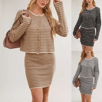 Fashion Stripe Printed Knitted Two-piece Set Consist of Cardigan and Skirt