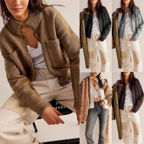 Casual Stand Collar Patch Pockets Long Sleeve Knitted Cardigan