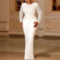 Elegant Tassel Crew Neck Long Sleeve Cinch Waist Bodycon Maxi Dress