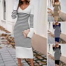 Fashion Stripe Printed V-Neck Long Sleeve Knitted Sweater Dress