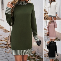 Fashion Contrast Color Mock Neck Long Sleeve Knitted Sweater Dress