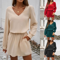 Fashion V-neck Long Sleeve Elastic Waist Side Pockets Mini Dress
