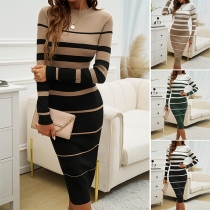 Fashion Gradient Color Stripe Printed Crew Neck Long Sleeve Bodycon Knitted Dress