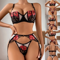 Sexy Floral Embroidery Contrast Color Three-piece Lingerie Set