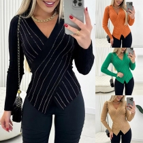 Fashion Cross V-neck Irregular Hemline Ribbed Shirt