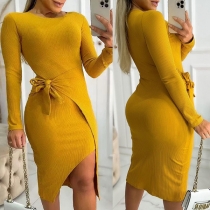 Fashion Crew Neck Long Sleeve Irregular Hemline Bodycon Ribbed Wrap Dress