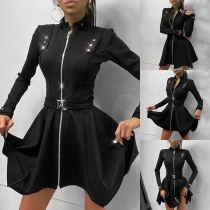 Fashion Front Zipper Buckle Mock Neck Long Sleeve Cinch Waist Mini Dress