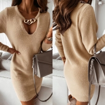 Fashion Chain Crew Neck Front Cutout Long Sleeve Plush Bodycon Dress