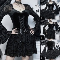 Vintage Jacquard Lace Spliced Velvet Lace-up V-neck Trumpet Long Sleeve Dress