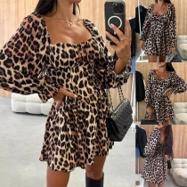 Fashion Leopard Printed Square Neck Long Sleeve Mini Dress