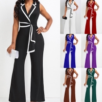 Fashion Contrast Color Notch Lapel Sleeveless Ruffle Wide-leg Jumpsuit