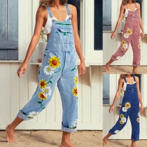 Fashion Floral Printed Old-washed Denim Suspender Jumpsuit