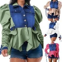 Fashion Denim Spliced Stand Collar Puff Long Sleeve Irregular Hemline Shirt