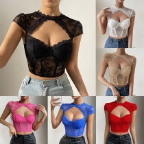 Sexy Front Cut Out Crew Neck Cap Sleeve Crop Corset Shirt