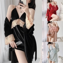 Sexy Lace Spliced Two-piece Nightwear Set Consist of Nightwear Slip Dress and Robe