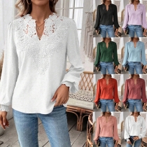 Fashion Lace Spliced V-neck Long Sleeve Shirt