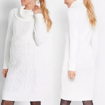 Fashion Turtleneck  Long Sleeve Cable Pattern Knitted Sweater Dress