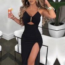 Sexy Chain Front Cutout Side Slit Bodycon Dress